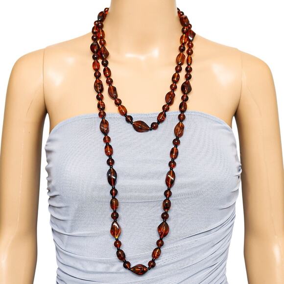 Vintage Endless Lucite Faux Amber Tortoiseshell Necklace 2 Strands Connected - Picture 3 of 7